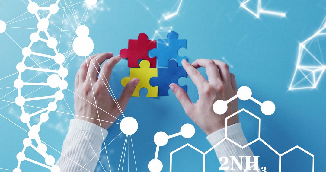 Hands Assembling Colorful Puzzle with DNA and Chemical Formulas