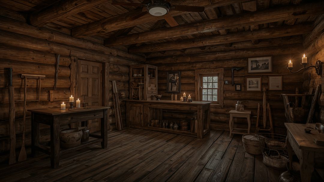 Rustic Candlelit Log Cabin Workshop with Vintage Tools