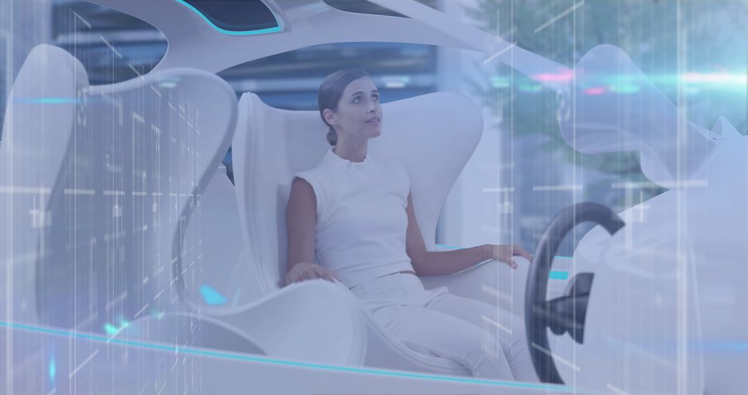 Woman Exploring Futuristic Virtual Car Interface in Modern Cockpit