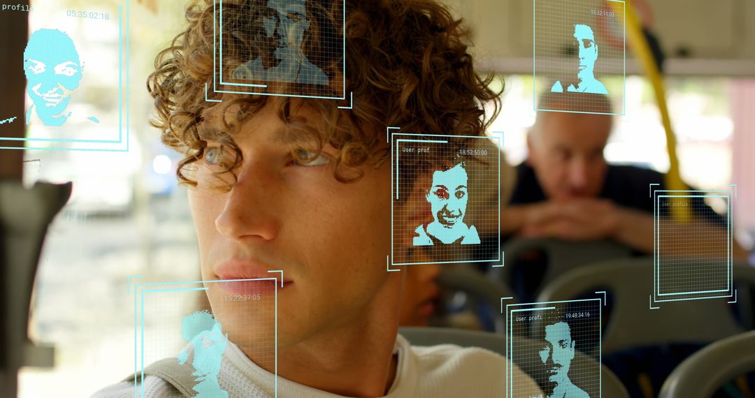 Young Man with Augmented Reality Interface on Bus