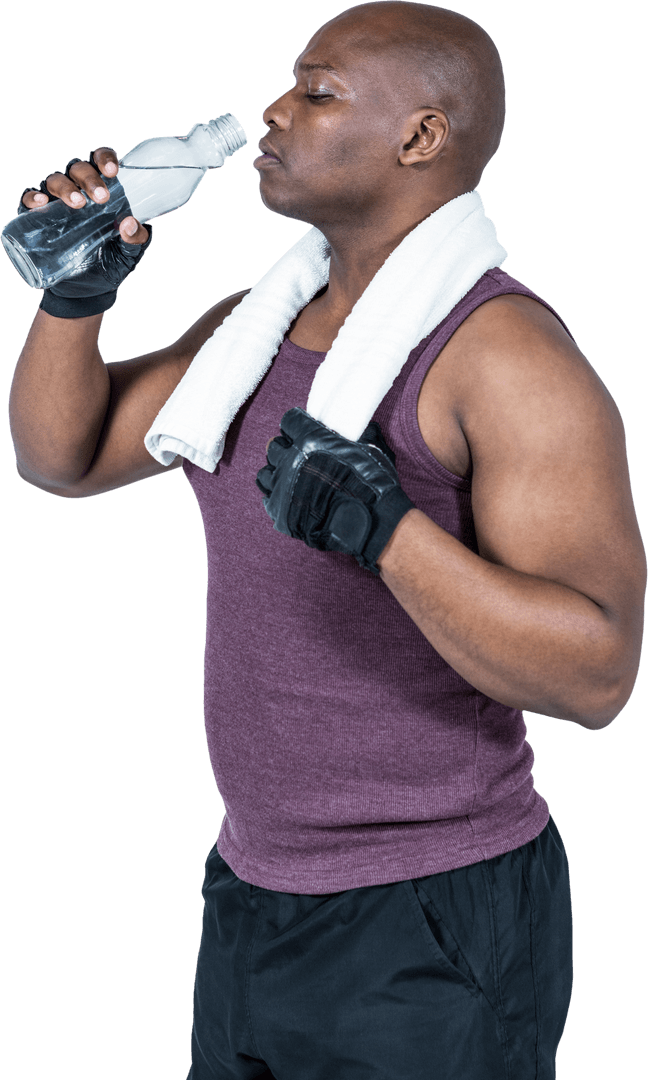 Athletic Man Refreshing with Water Before Workout Transparent Background