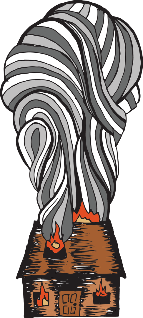Transparent Burning House Illustration with Curled Smoke