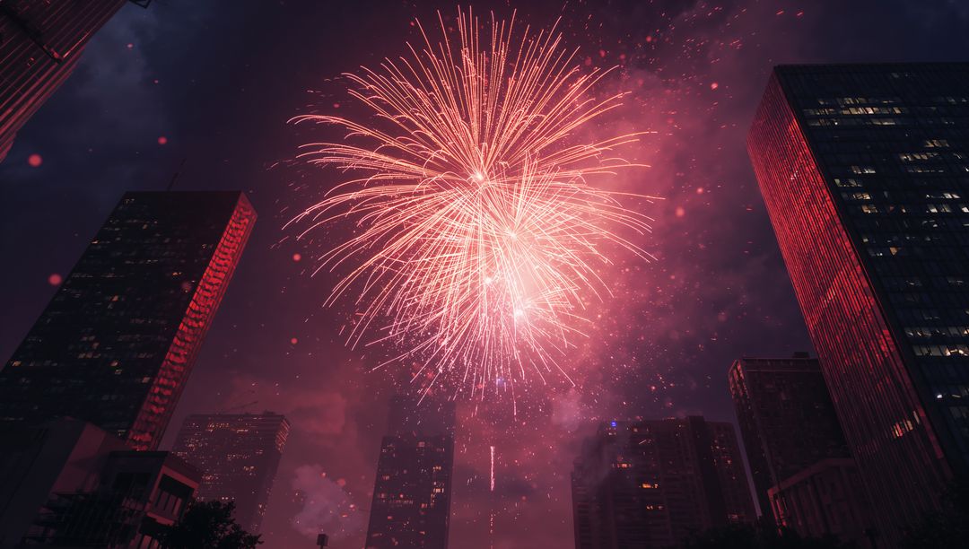 Exploding Red Fireworks Over Downtown Skyline, Reflective Glass Skyscrapers and Smoke