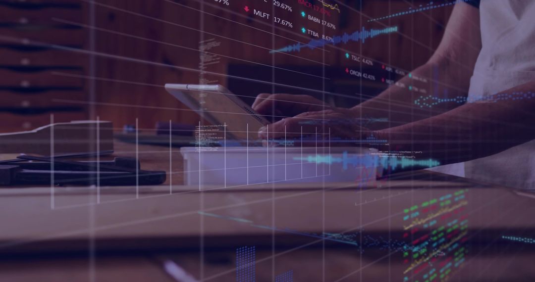 Man Tapping Tablet with Digital Charts Overlay for Business Analytics and Inventory Management