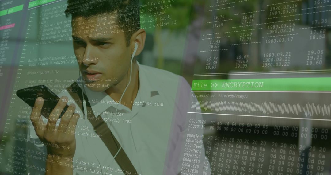 Businessman speaking into smartphone with encryption overlay, mobile cybersecurity concept