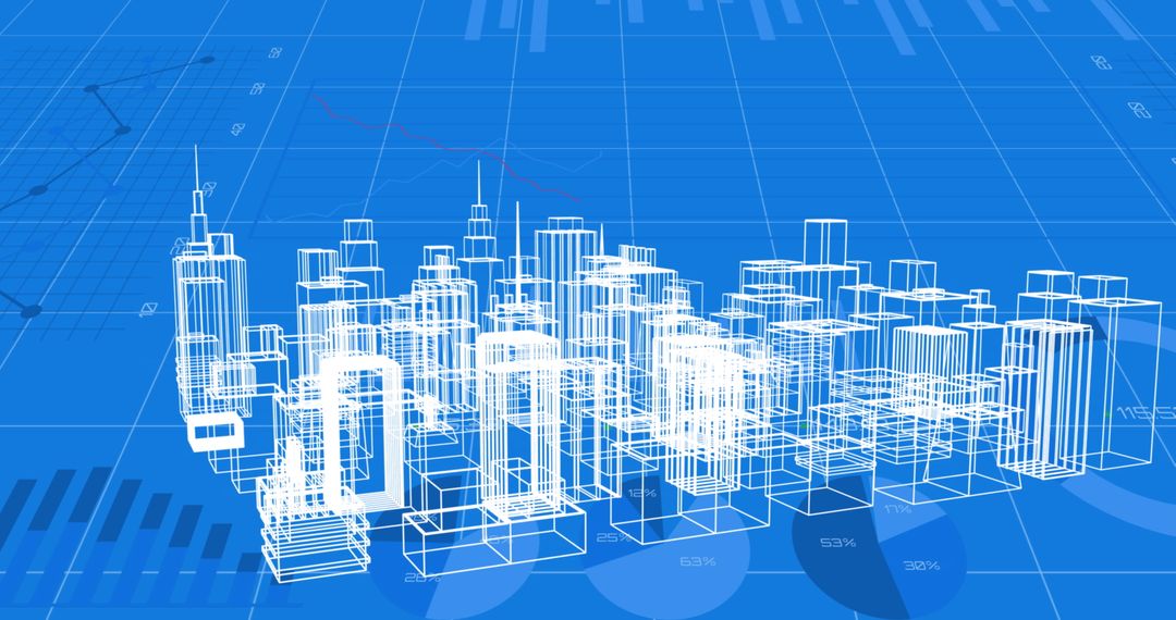 Futuristic Cityscape with Abstract Data on Blue Background