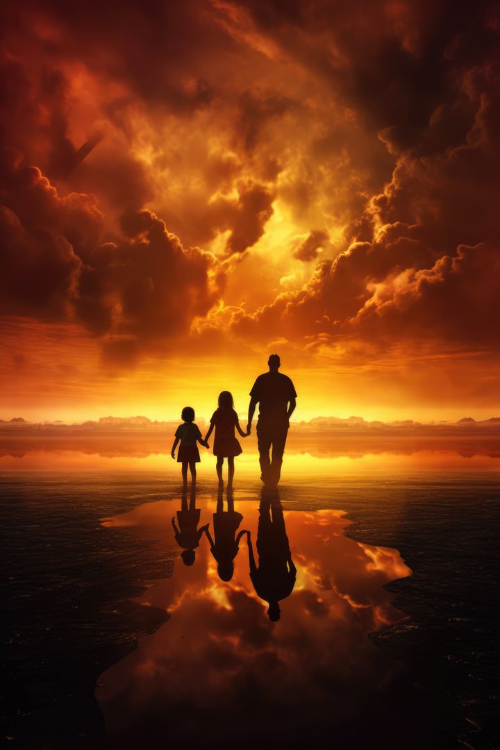 Silhouette of father with two daughters at sunset, created using generative ai technology - Free Images, Stock Photos and Pictures on Pikwizard.com