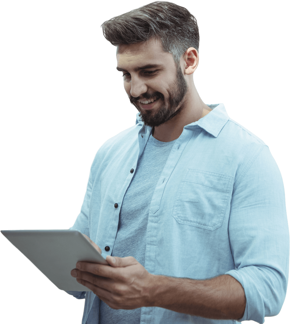 smiling man using digital tablet isolated on transparent background - Download Free Stock Images Pikwizard.com