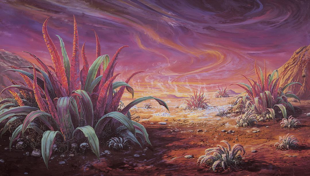 Surreal Alien Desert Landscape with Majestic Succulents and Swirling Purple-Orange Sky