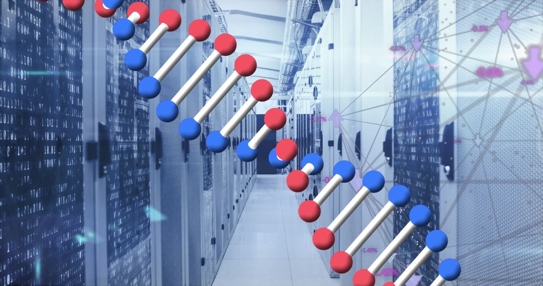 Spinning DNA Strand and Globe with Icons Over Computer Servers