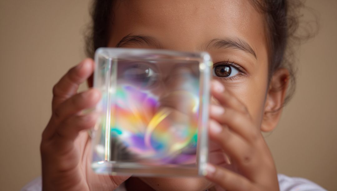 Curly Child Holding Glass Cube Creating Vivid Rainbow Spectrum Through Close-Up Portrait