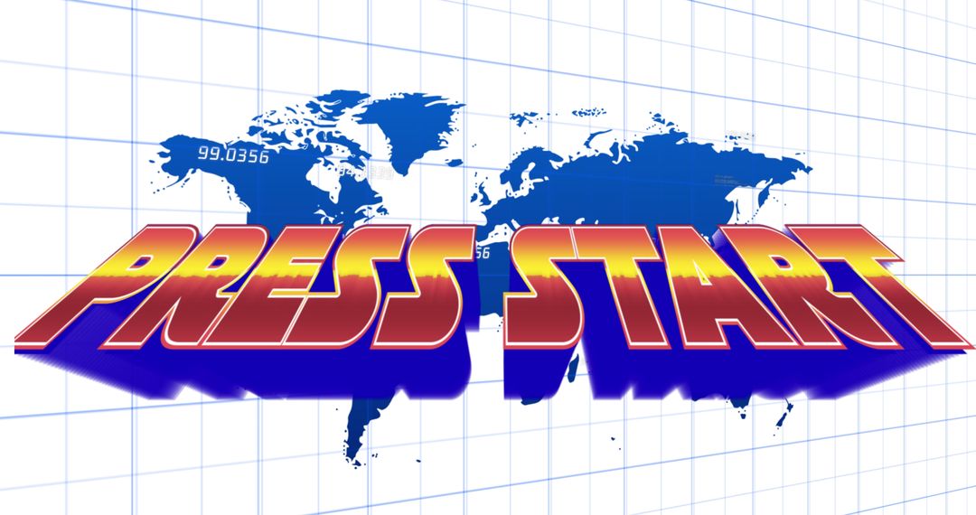 Press Start Text Overlaying Digital World Map with Global Gaming Theme