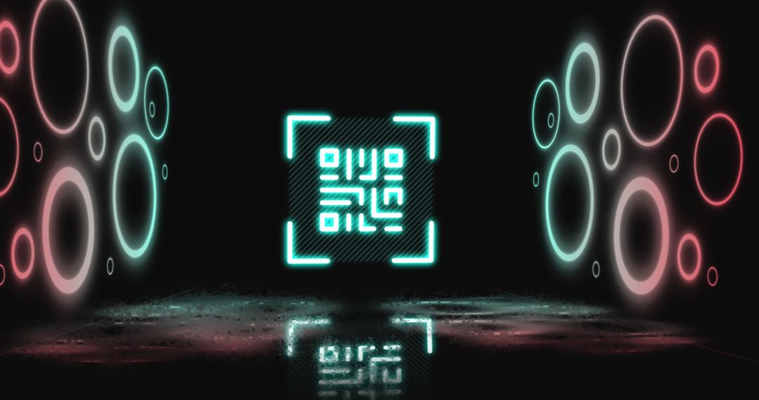 Futuristic Neon QR Code with Glowing Circles on Black Background