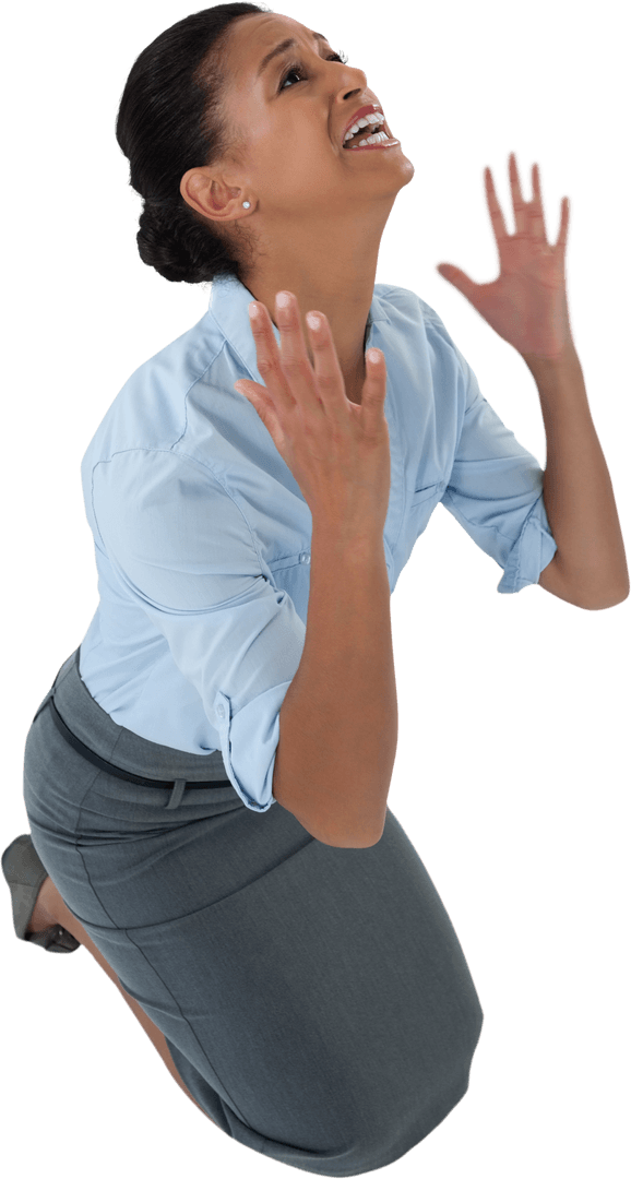 Angry Hispanic Businesswoman Kneeling with Frustration Transparent Background