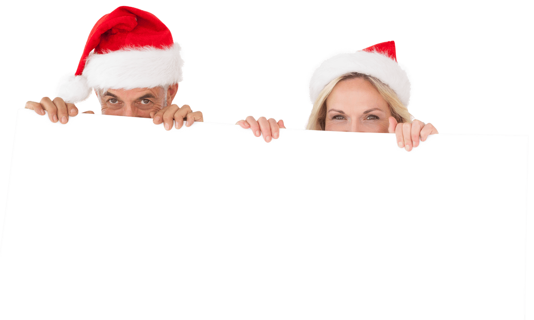 Peeking Santa Couple with Blank Banner Transparent Background