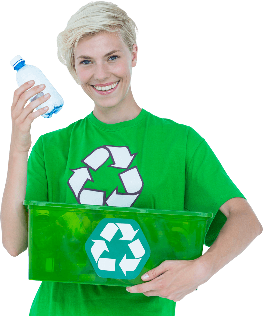 Smiling Woman Holding Recyclable Bottle on Transparent Background