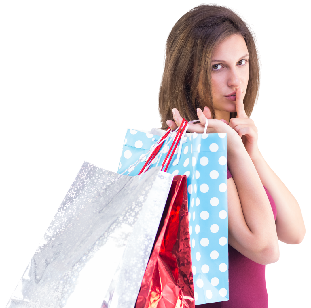 Woman Making Secret Gesture Holding Shopping Bags Transparent Background - Download Free Stock Images Pikwizard.com