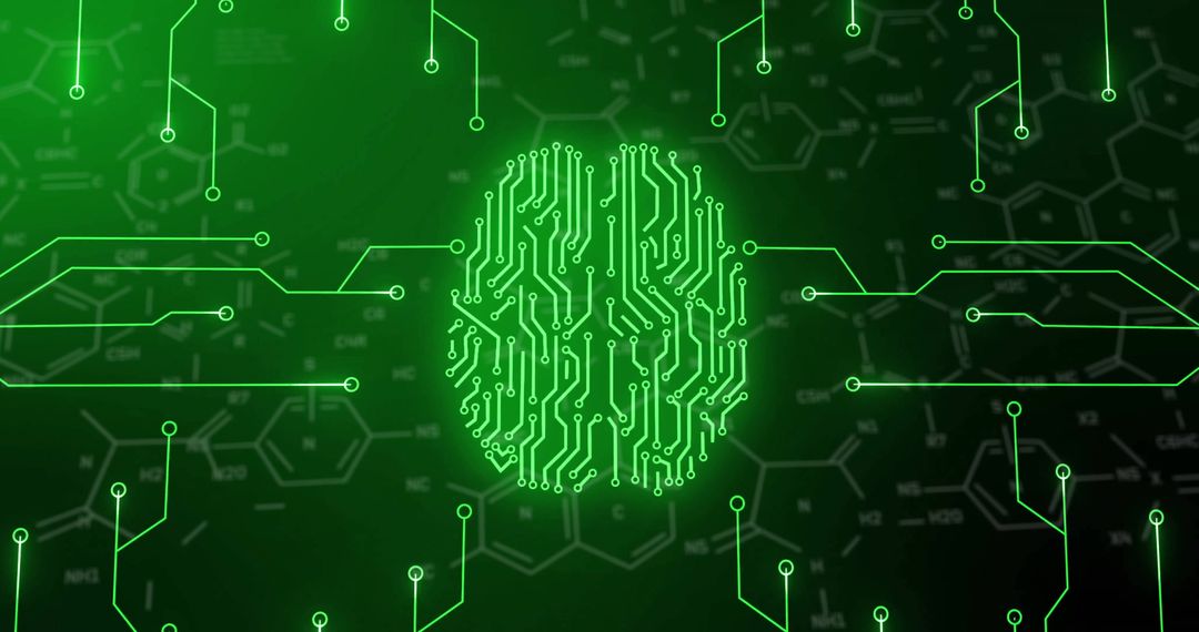 Digital Brain with Futuristic Connections and Chemical Formulas