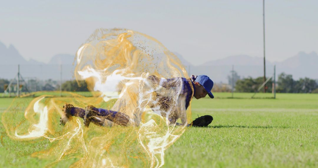Female Baseball Player Diving with Dynamic Energetic Swirl