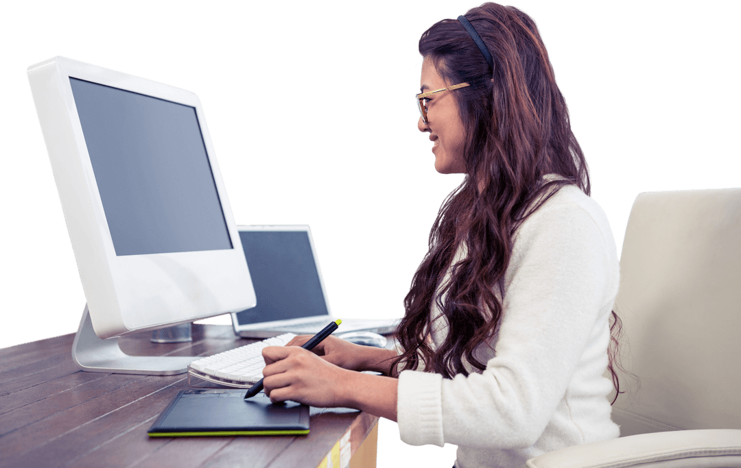 Professional Asian Woman Using Digital Drawing Tablet with Transparent Display