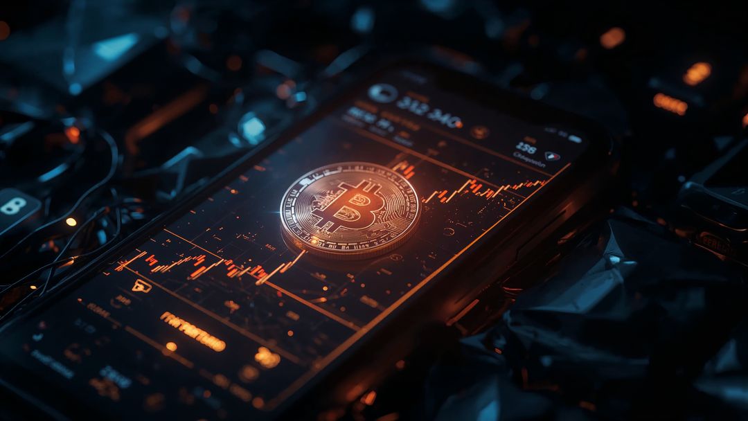 Bitcoin Trends on Smartphone Amid Futuristic Setting