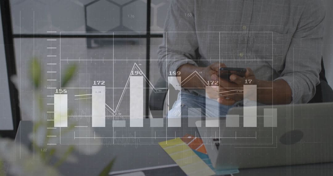 Businessman Analyzing Data on Smartphone with Digital Graphics