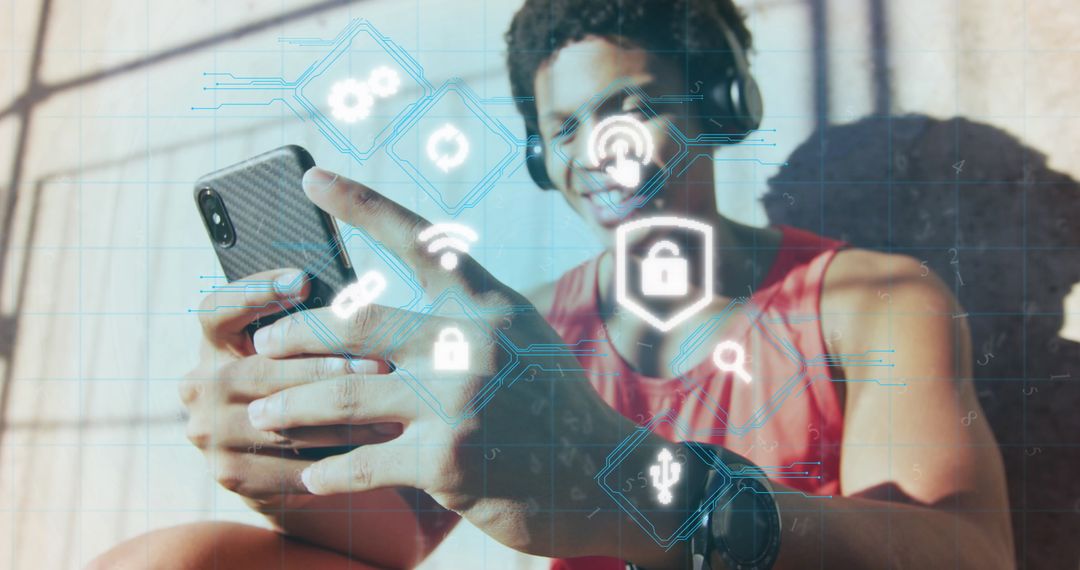 Man Using Smartphone with Digital Interface Overlay