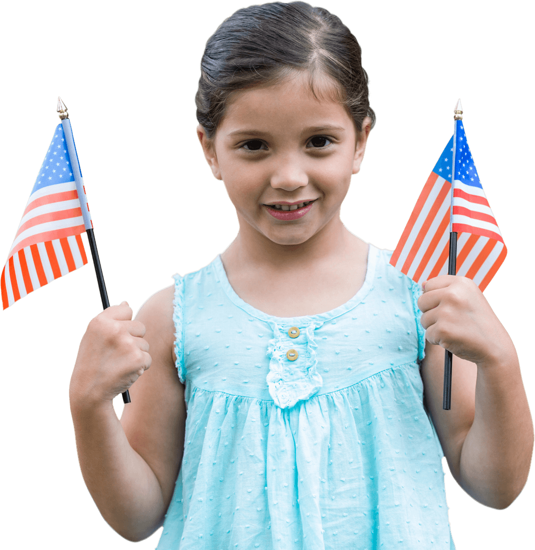 Patriotic Caucasian Girl Holding USA Flags on Transparent Background