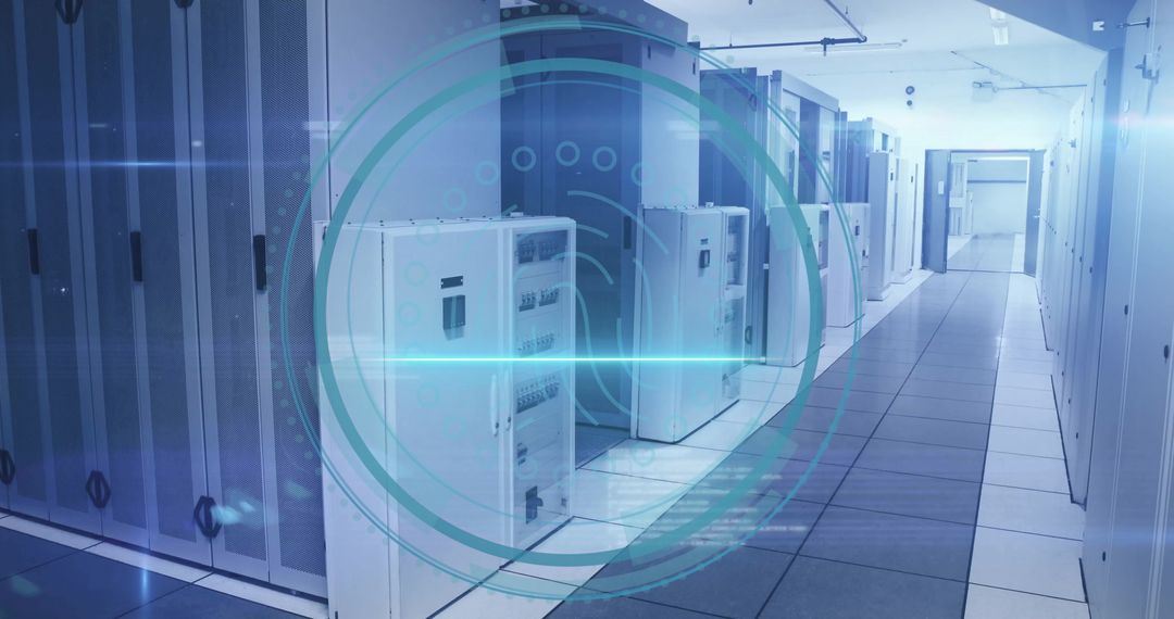 Cybersecurity Concept with Digital Overlay on Server Room
