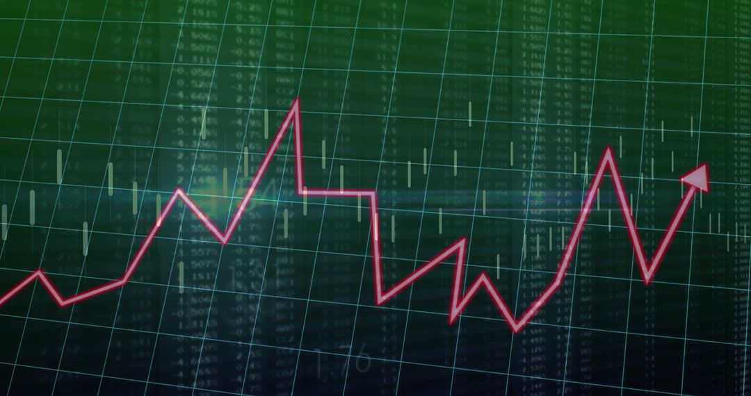 Rising Red Line Graph with Stock Market Candlesticks Overlay