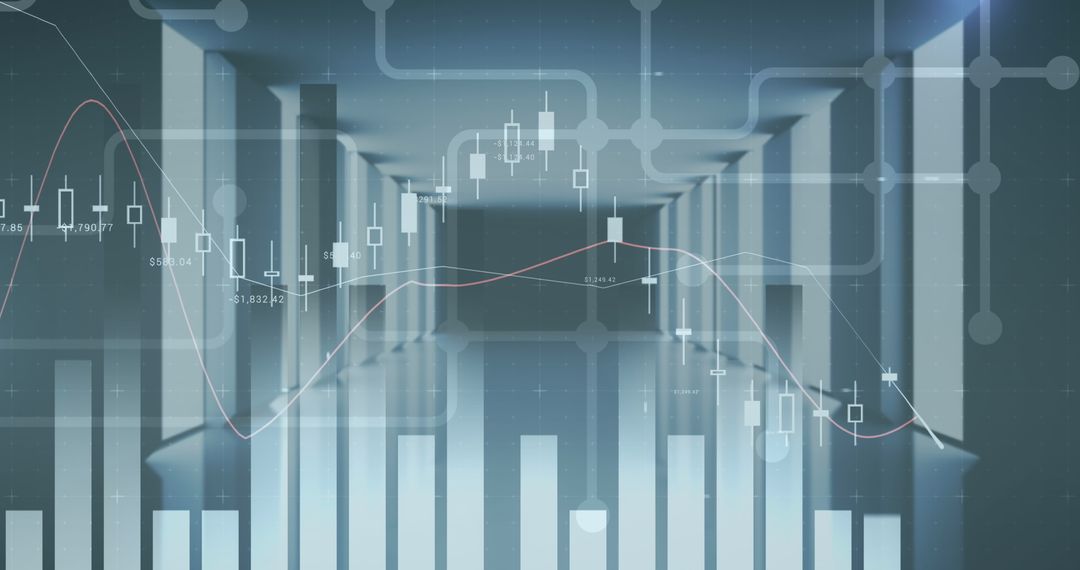Digital Financial Graph Overlay on Modern Hallway Concept