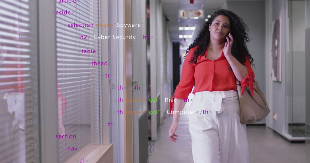 Businesswoman Discussing Cybersecurity Surrounded by Data Code Overlay
