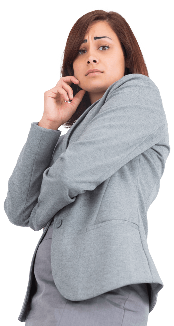 Thoughtful Caucasian Businesswoman on Transparent Background in Focus