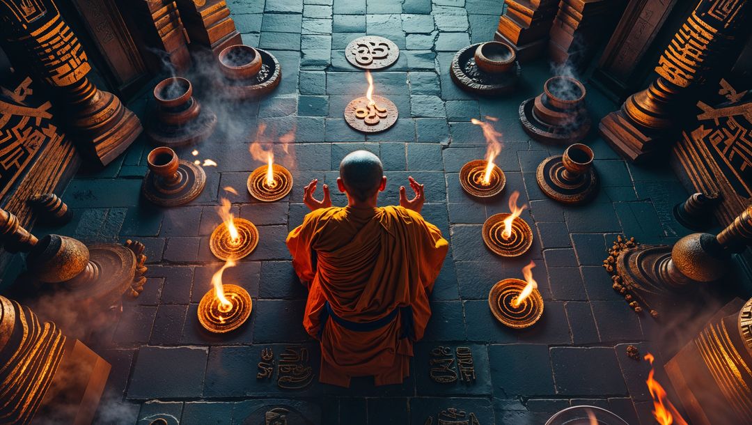 Monk Deep in Meditation with Circling Incense Braziers in Ancient Temple