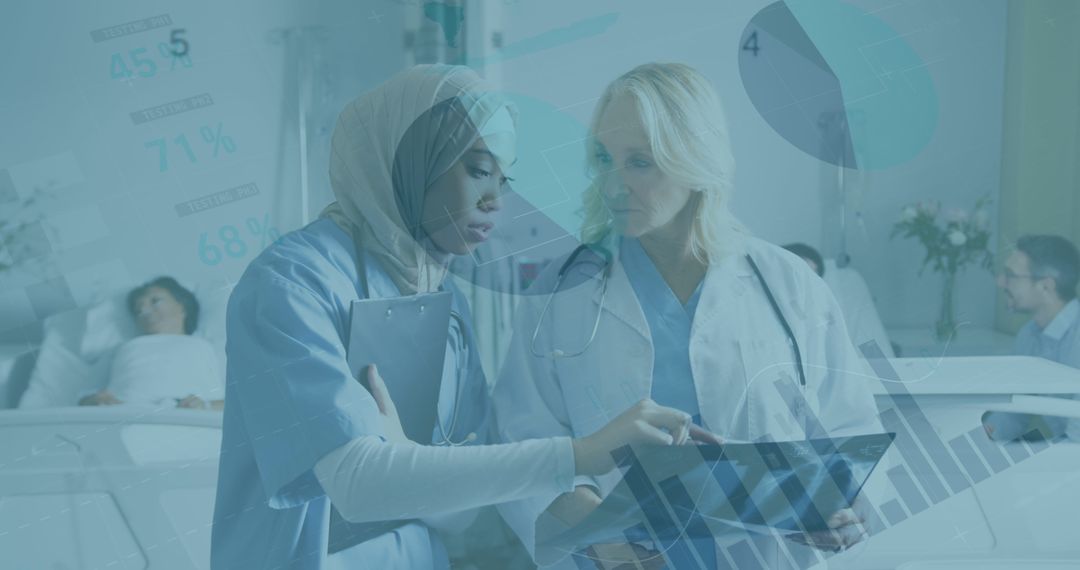 Diverse Female Doctors Discussing X-Ray with Financial Data Overlay