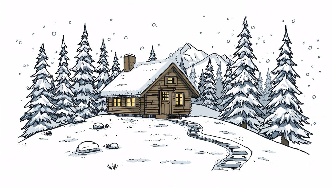 Glowing Wooden Log Cabin Sitting on Snowy Hillside with Lit Windows and Winding Stone Path