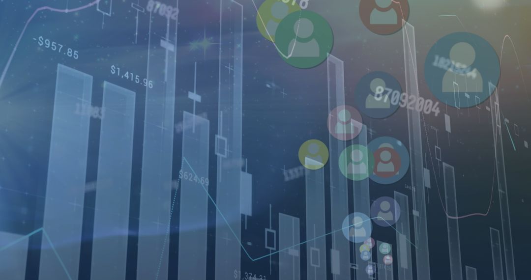 Digital Graphs Interacting with Profile Icons on Blue Abstract Background