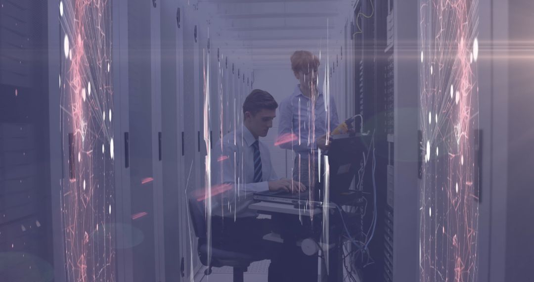 Technicians Collaborating in Data Center with Digital Overlay
