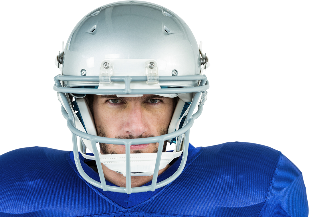 Close-up American Football Player Wearing Transparent Helmet Visor and Blue Jersey - Download Free Stock Images Pikwizard.com