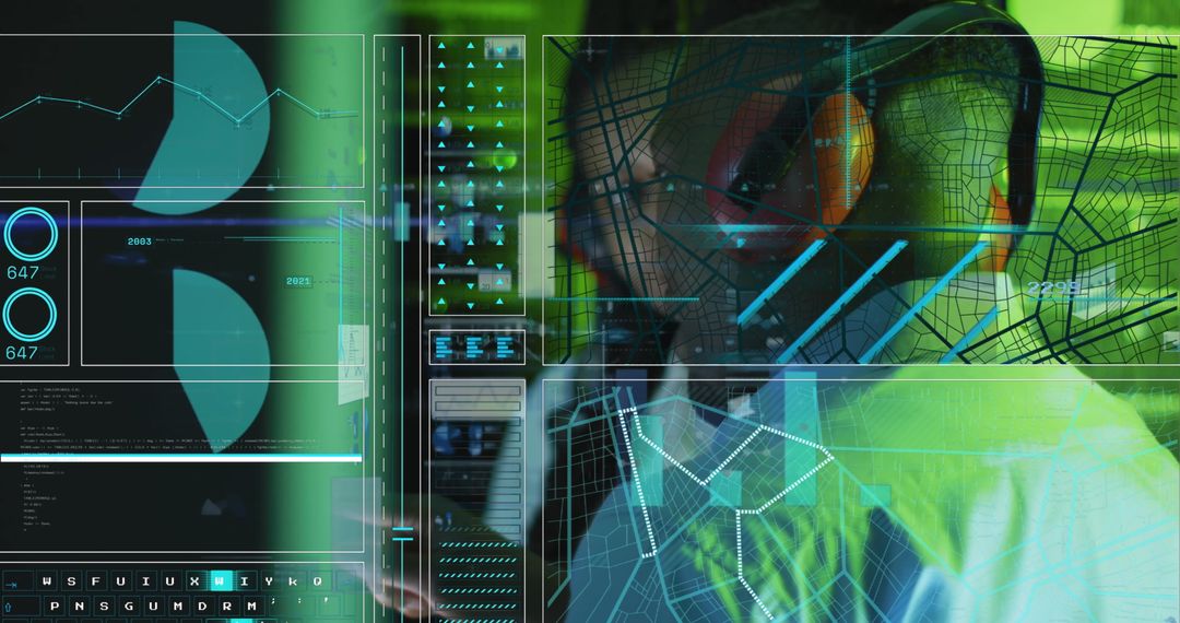 Tech Expert Working in Futuristic Server Room with Holographic Data