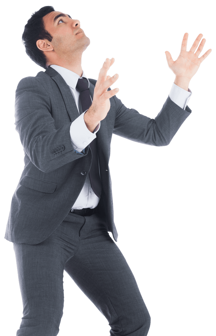 Asian Business Professional Gazing Upwards with Raised Hands on Transparent Background