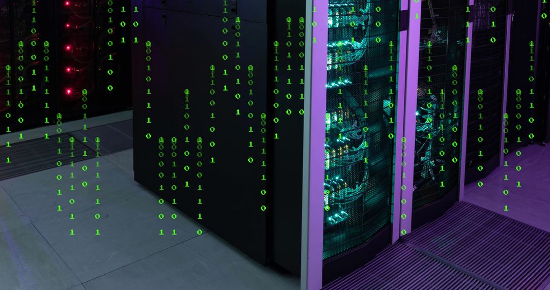 Futuristic Server Room with Green Binary Code Overlay
