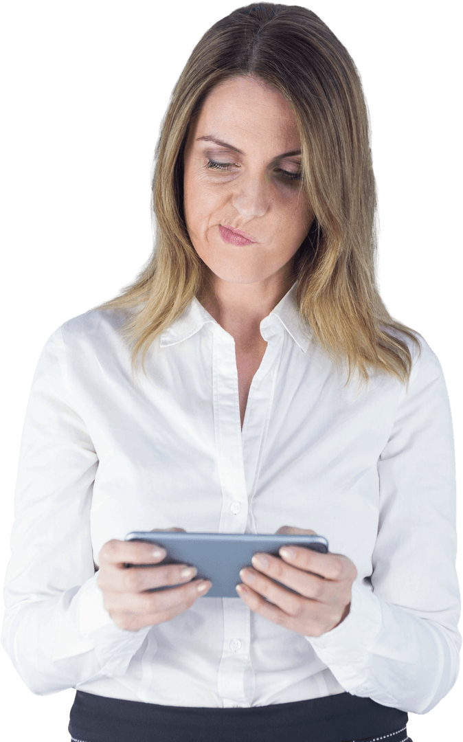 Transparent Businesswoman Focusing on Smartphone Task in Formal Outfit