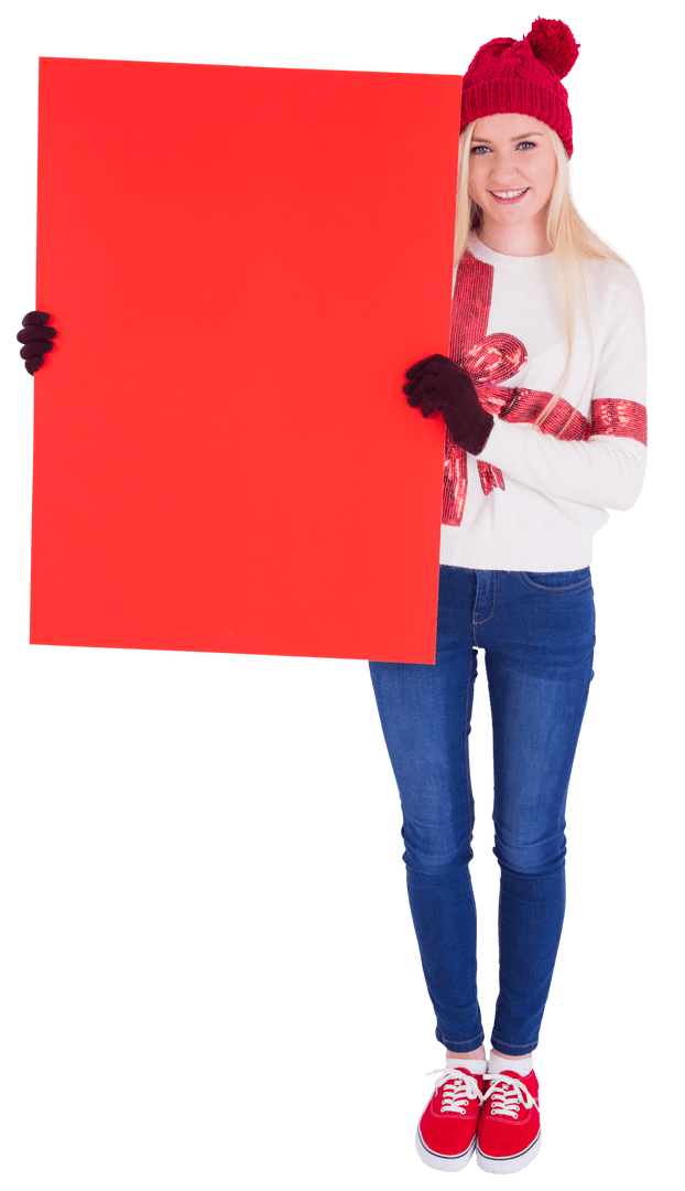 Festive Blond Woman Showing Transparent Blank Red Board