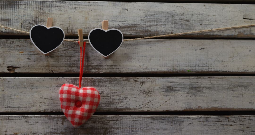 Decorative Hearts on Rustic Wooden Background with Checkered Fabric Heart - Free Images, Stock Photos and Pictures on Pikwizard.com