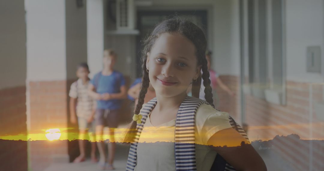 Sunset Double Exposure with Smiling Schoolgirl in Corridor