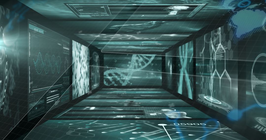 Digital Corridor with Holographic DNA Display in Futuristic Lab