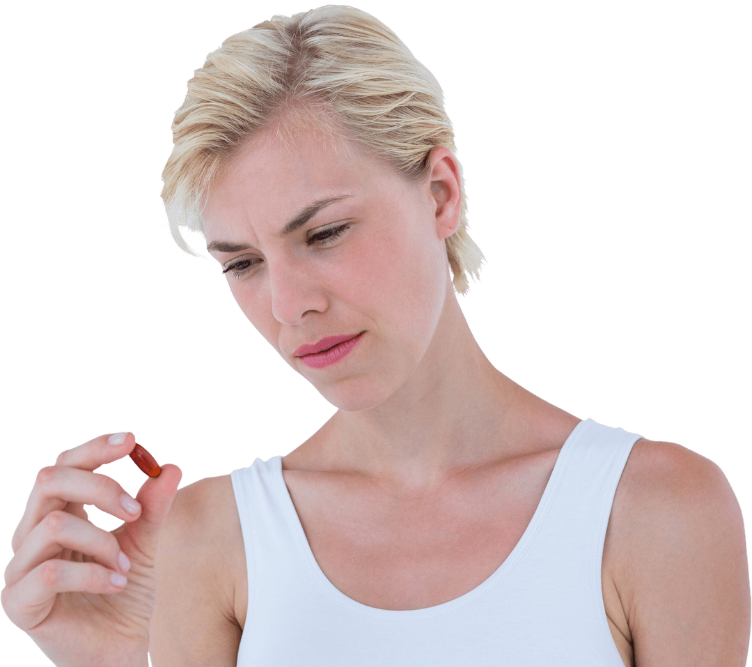 Transparent Blonde Woman Examining Red Pill Intently