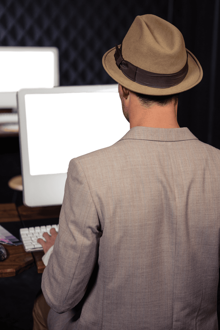 Entrepreneur Wearing Fedora Using Transparent Computer Screen