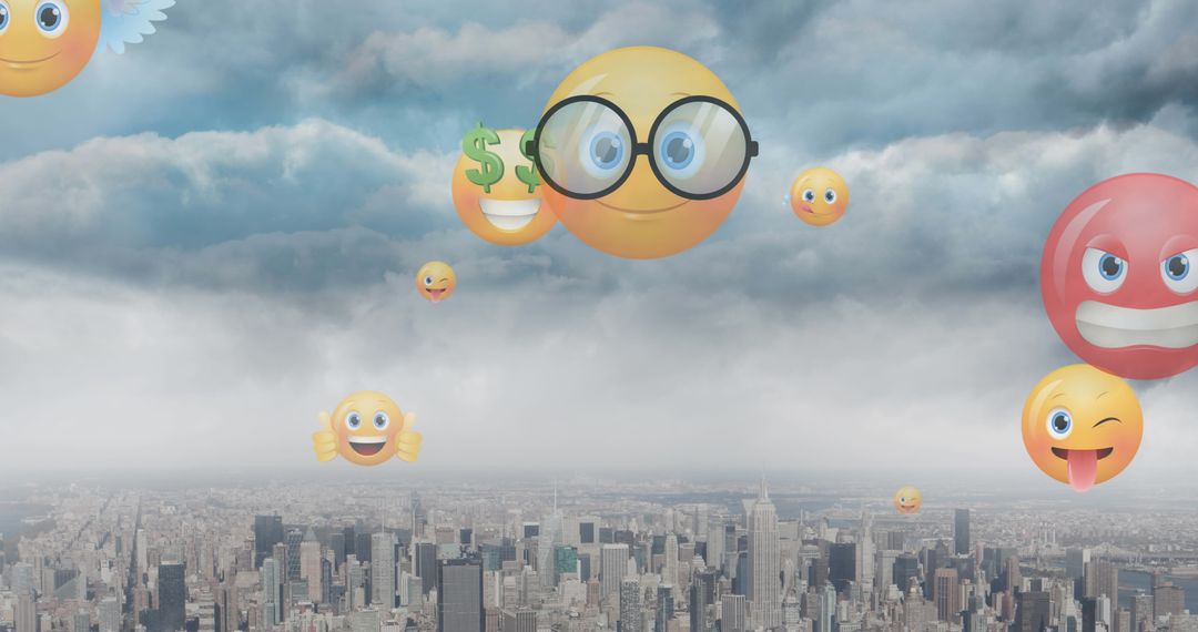 Colorful Emojis Floating Over Urban Skyline